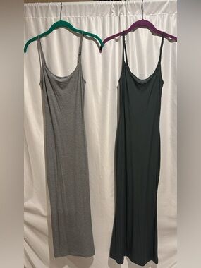 SKIMS Soft Lounge Long Slip Dress in Heather Gray and Deep Sea
